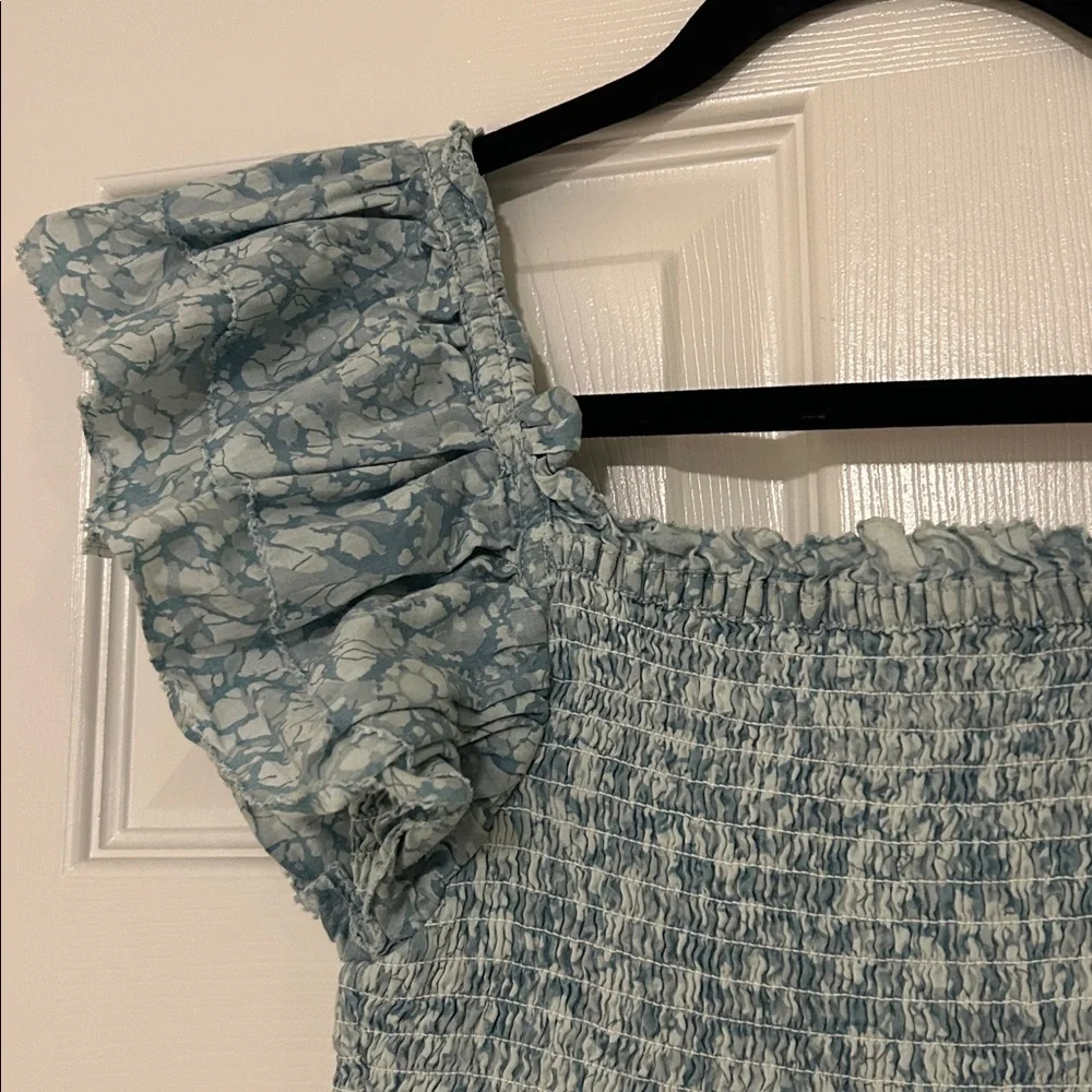 Love the Label Anthropologie Blue Flutter Sleeve Smocked Peplum Blouse